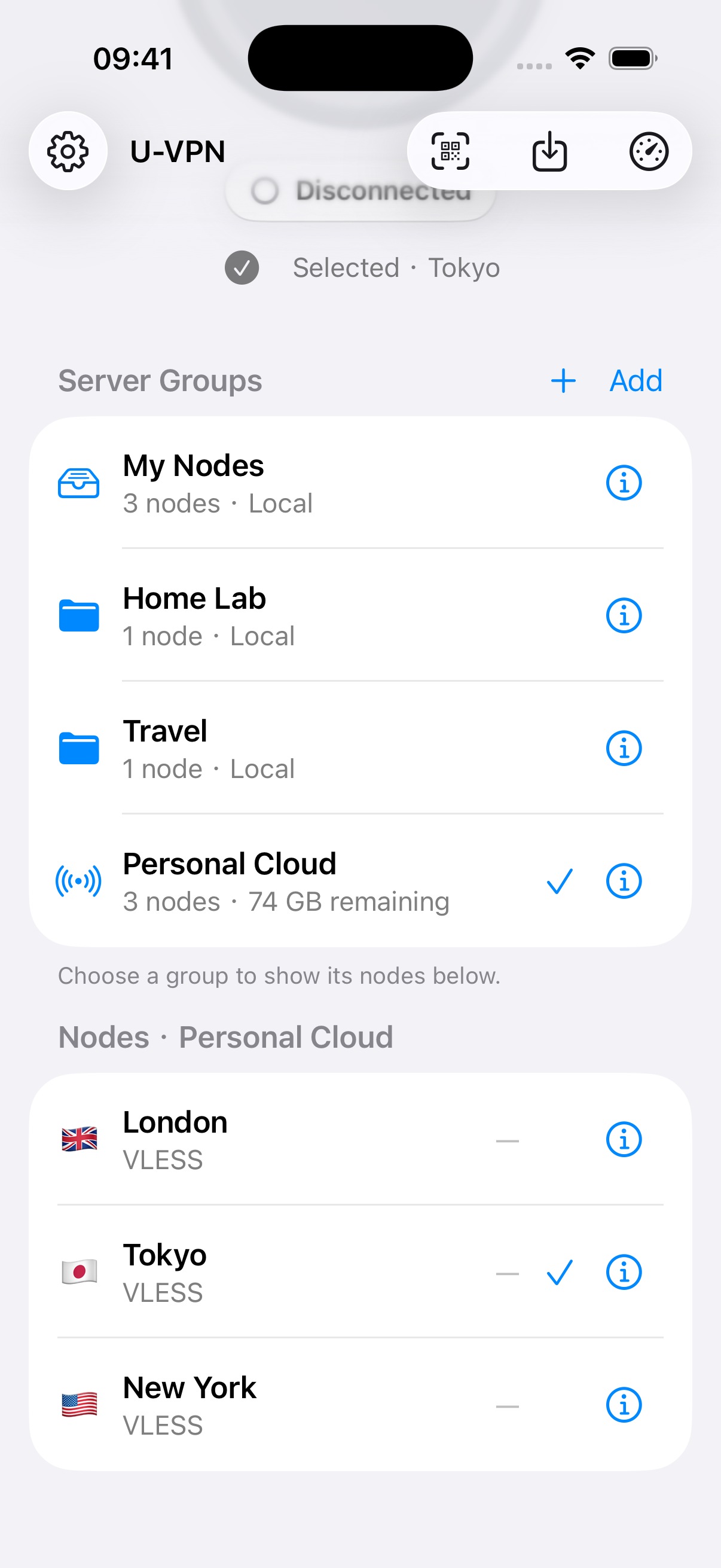 U-VPN My Servers showing example local groups, a personal subscription and its nodes